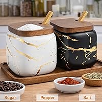 Vista 2 de 2 juegos de azucareros de cerámica de mármol con frasco de condimentos de cerámica con tapa de madera y cuchara de madera (negro y blanco)