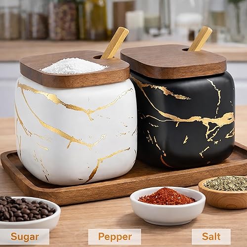 Miniatura 2 de 2 juegos de tarros de cerámica con tapa de madera y cuchara de madera (negro y blanco)