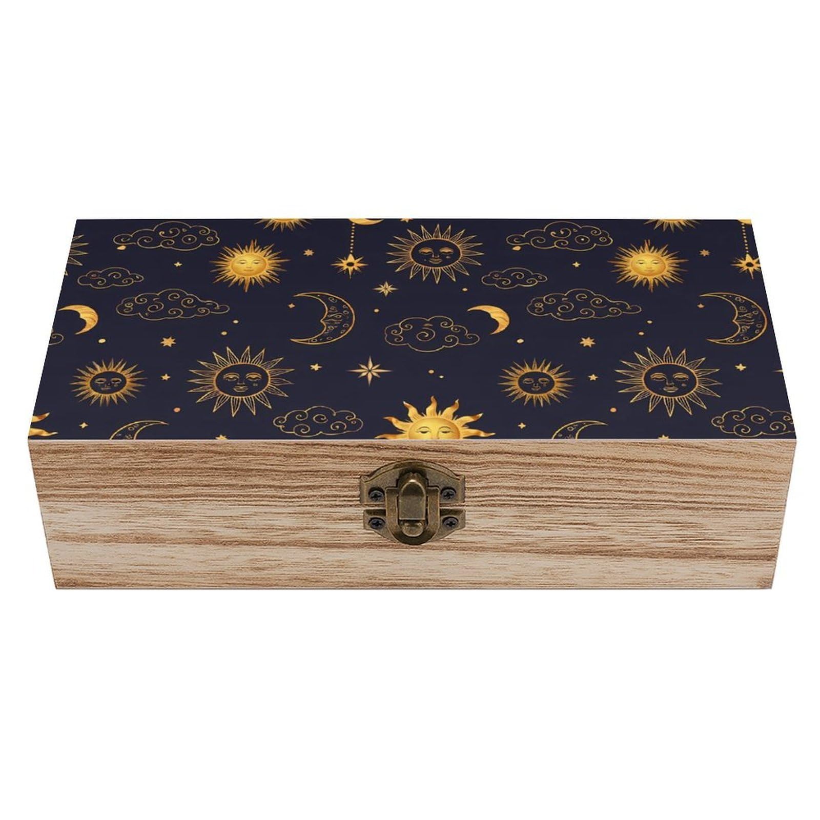 SMAZDFXX Sun Moon Boho Astrologys Wooden Storage Box With Hinged Lid Decorative Front Clasp Keepsake Boxes