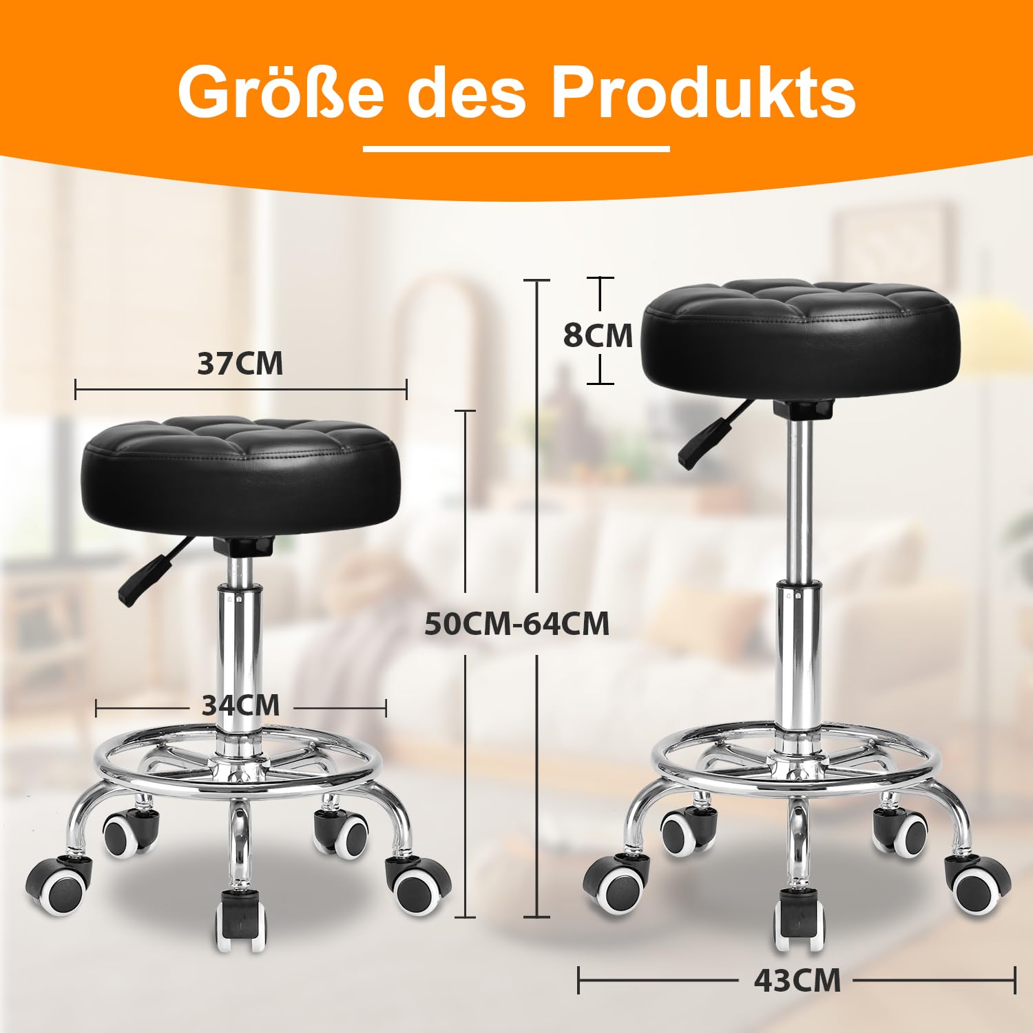 Rollhocker PU Leder Rund Gepolstert, Arbeitshocker Höhenverstellbar Rollen mit Fußstütze , 360° - Drehung Drehocker ，Tragfähigkeit 150kg für Spa Zeichnung Salon Arbeit Büro Tattoo Hocker. (Tinte)