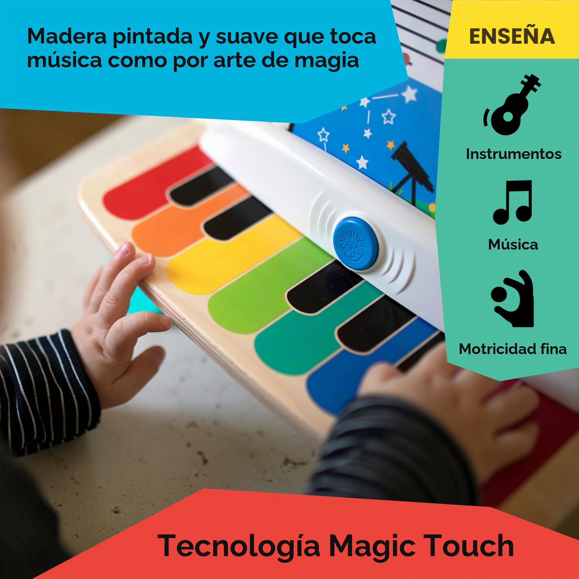 Baby Einstein, Hape, Piano Magic Touch, Juguete Musical de Madera, Incluye 3 partituras y 6 Canciones, Volumen Ajustable, a Partir de 6 Meses, Be Piano, 1 Unidad (Paquete de 1)