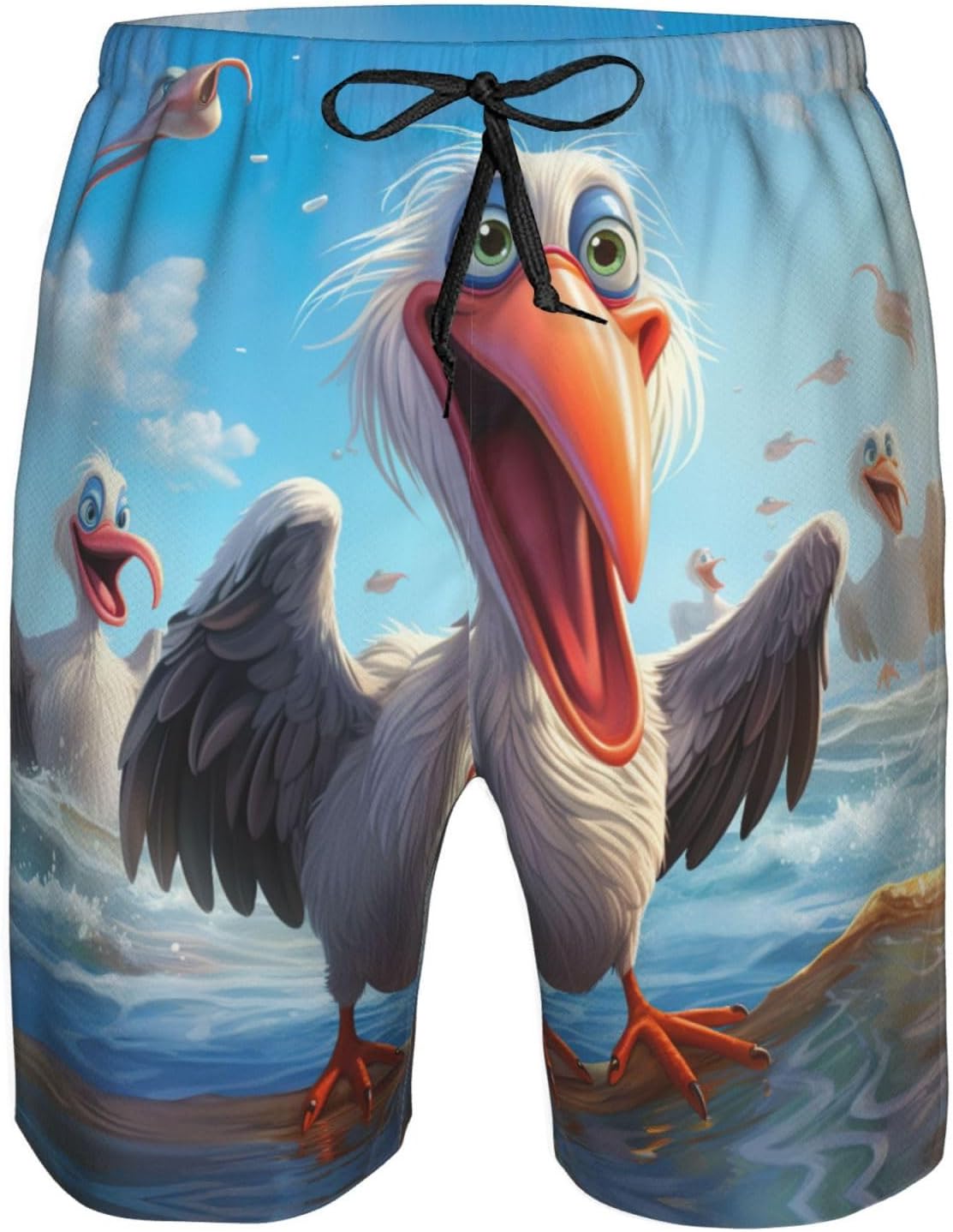Funny Pelican Print Mens Casual Shorts Drawstring Summer Beach Stretch Shorts Novelty Swimtrunks