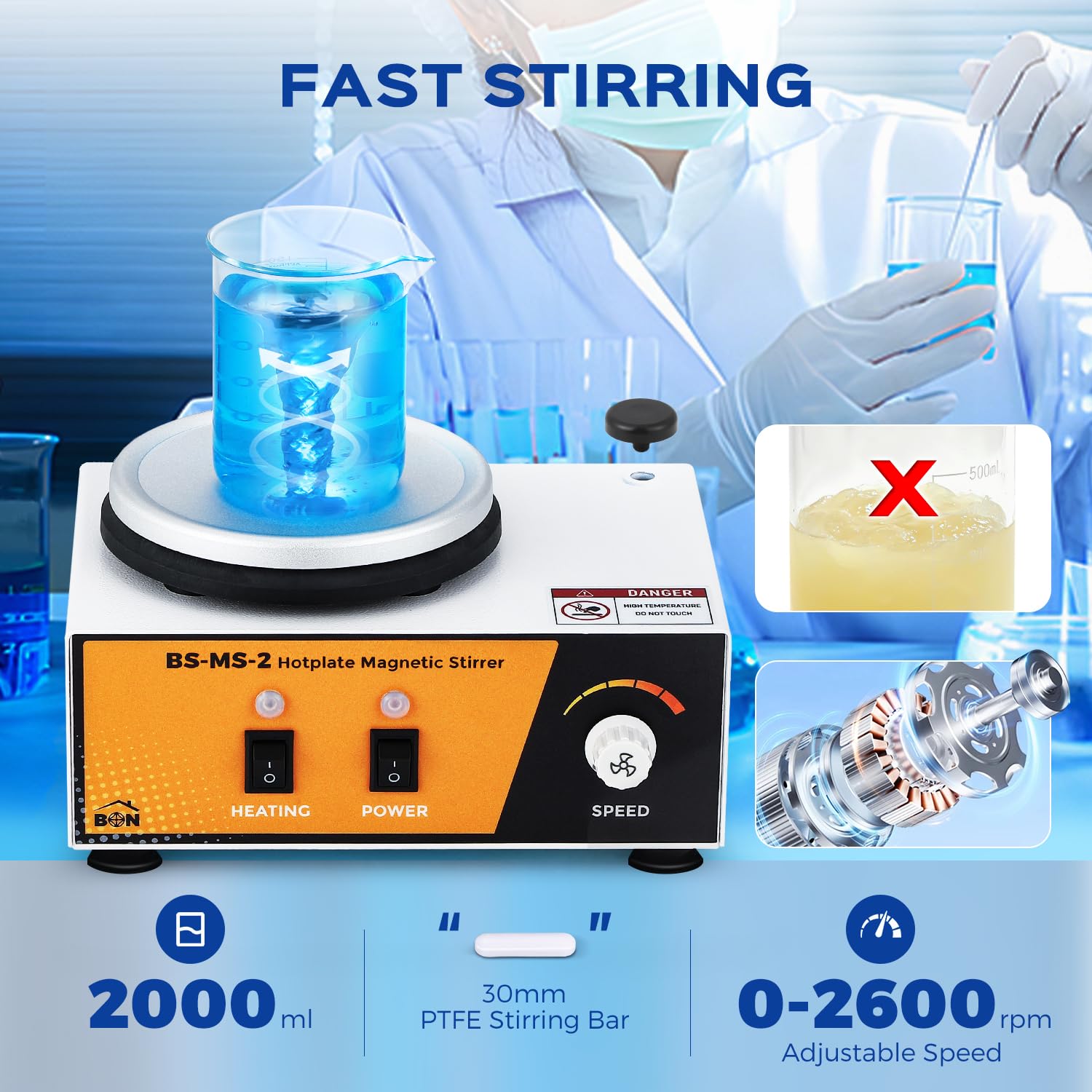 Bonvoisin Agitatore Magnetico con Piastra Riscaldante, Mixer da Laboratorio da 2L 0-2600rpm 100℃ con Asta di Supporto Sensori Flessibile, 120 * 120mm 180W Potenza di Riscaldamento (EU)