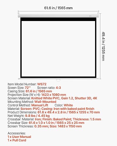 Miniatura 7 de VEVOR Pantalla de proyector manual, 72 pulgadas, 43, 4K, 1080 HD, retráctil, pantalla de proyección de película montada en la pared con cuerda de