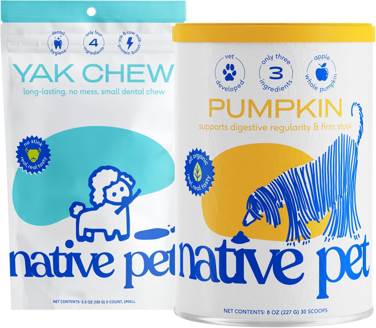 Native Pet Yak Chews for Canines (5 Small Chews) & Natural Pumpkin for Canines (8 oz.) – All Pure Dental Chew for Canines Made with Yak Cheese for Aggressive Chewers and All-Pure, Natural Fiber for Canines