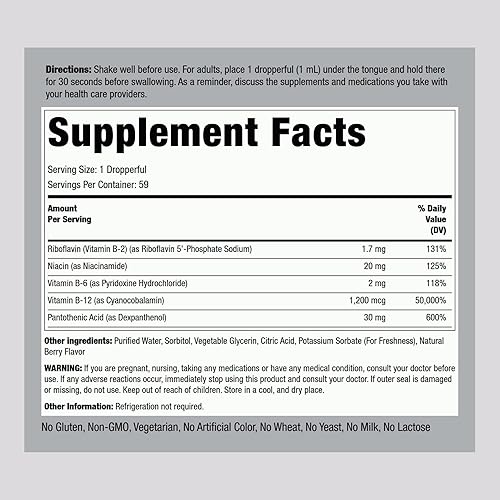 Miniatura 2 de Piping Rock Complejo de vitamina B con B12 Gotas líquidas 1200 mcg 2oz Suplemento sublingual Sabor a bayas Vegetariano, sin OMG, sin gluten