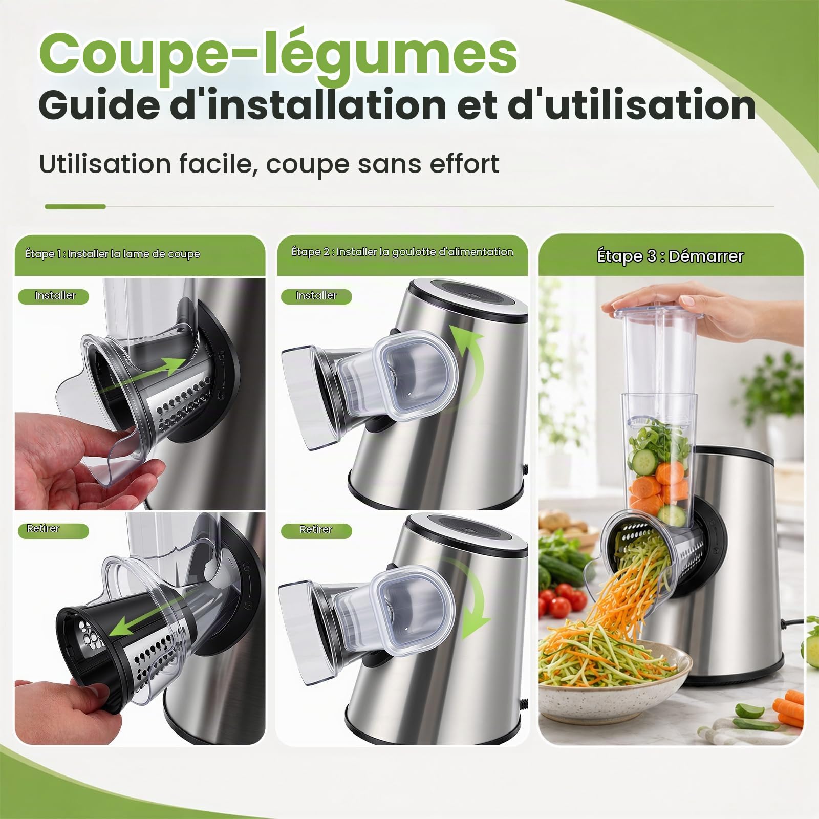 Coupe-Légumes Électrique 5 en 1 800W avec 5 Cônes en Acier Inoxydable, Trancheuse Électrique Multifonction, Râpe Professionnelle, Lavable au Lave‑Vaisselle, pour Légumes, Fruits, Fromage, Gris