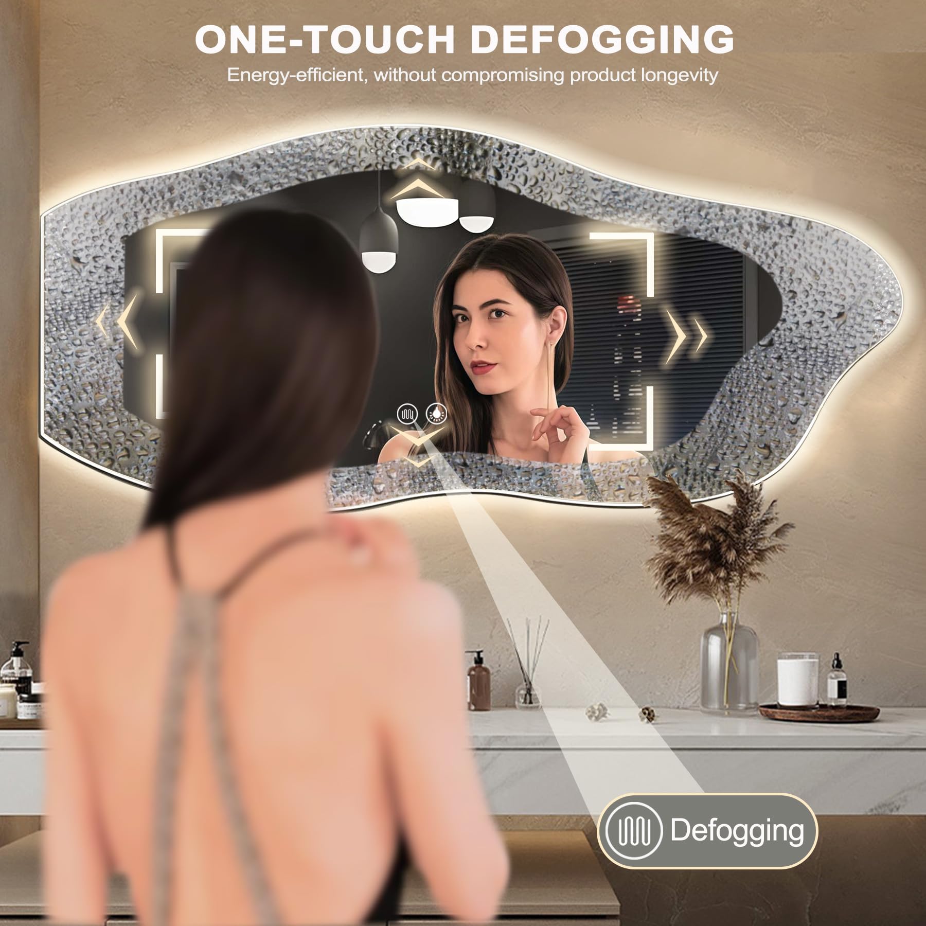 Asymétrique Miroir Salle de Bain avec Eclairage, 120×60cm LED Miroir Lumineux Mural avec lumière réglable 3 Couleurs, Dimmable, Anti-buée, Mémoire, Grand Miroirs Connecté Decoration, IP54