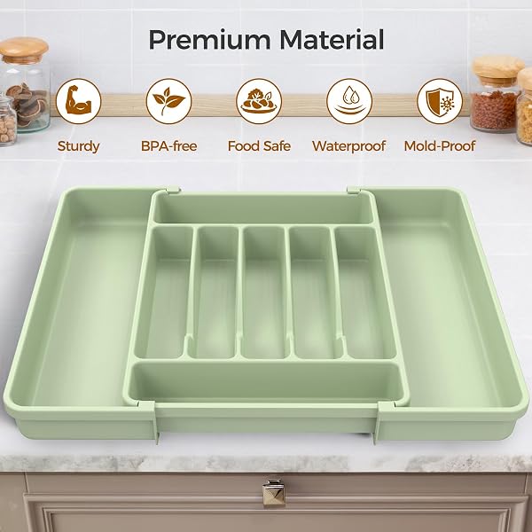 Extra Large Expandable Silverware Organizer, BPA-Free Food-Safe Cutlery Flatware Organizer, Kitchen Utensil Drawer Organizer, Adjustable Silverware Holder for Spoons Forks Knives, Green - 4