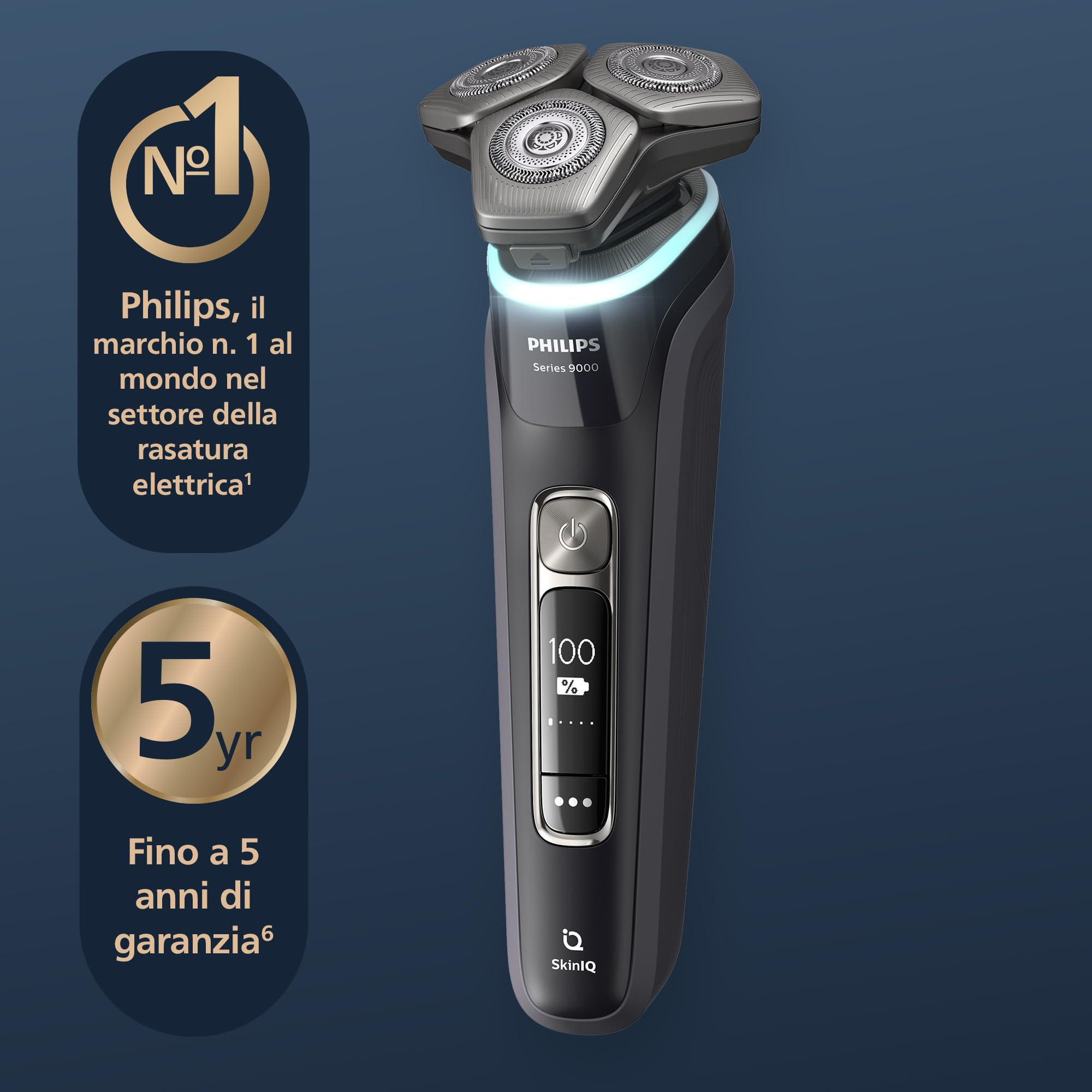 Philips Shaver S9000 - Rasoio elettrico Wet & Dry uomo, tecnologia Lift & Cut e SkinIQ, rifinitore a scomparsa, custodia per la pulizia, supporto di ricarica e custodia da viaggio (modello S9976/63)