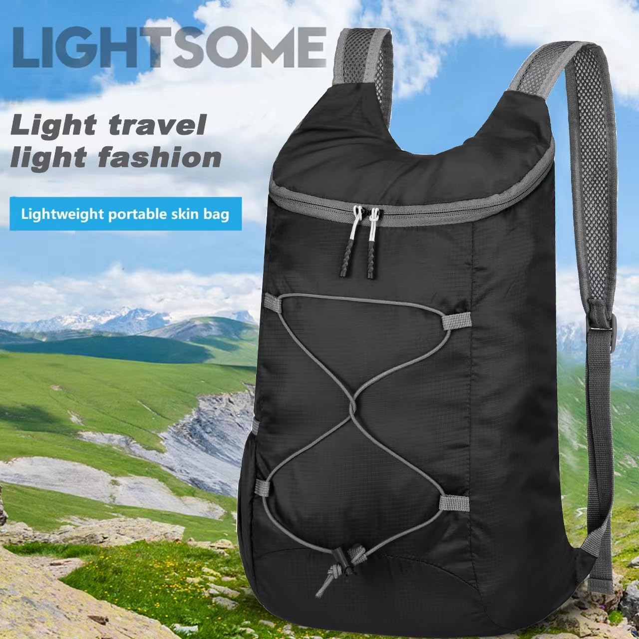 Mochila de senderismo plegable ligera de 16L para viajes, resistente al agua, bolsa de gimnasio para hombres y mujeres, Negro y gris, Pequeño, Ligero, plegable 3
