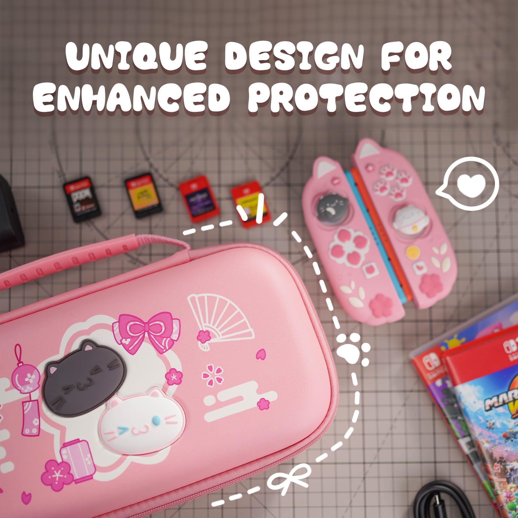 PlayVital Etui Przenoszenia kompatybilne z Switch 2 | Twarda Obudowa Przenośna do Switch 2 z 10 Gniazda na Karty do Gry i Silikonowym Portem Ładowania-Różowy Kotek Kwiaty Wiśni