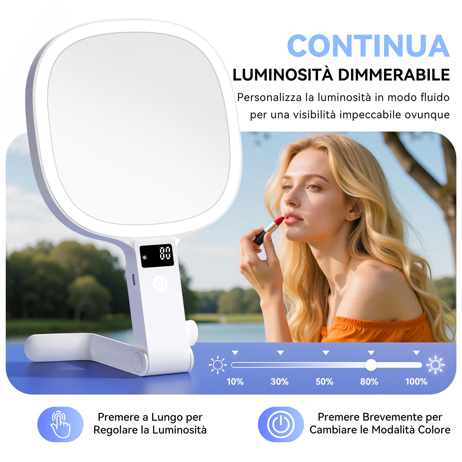 Auxmir Specchio Ingranditore Bifacciale 30X/1X Visualizza Tempo Intelligente, Specchio Trucco con Luci LED a 3 Colori Regolabile, Specchio da Tavolo Pieghevole a Mano e Appeso, Ricaricabile da Viaggio