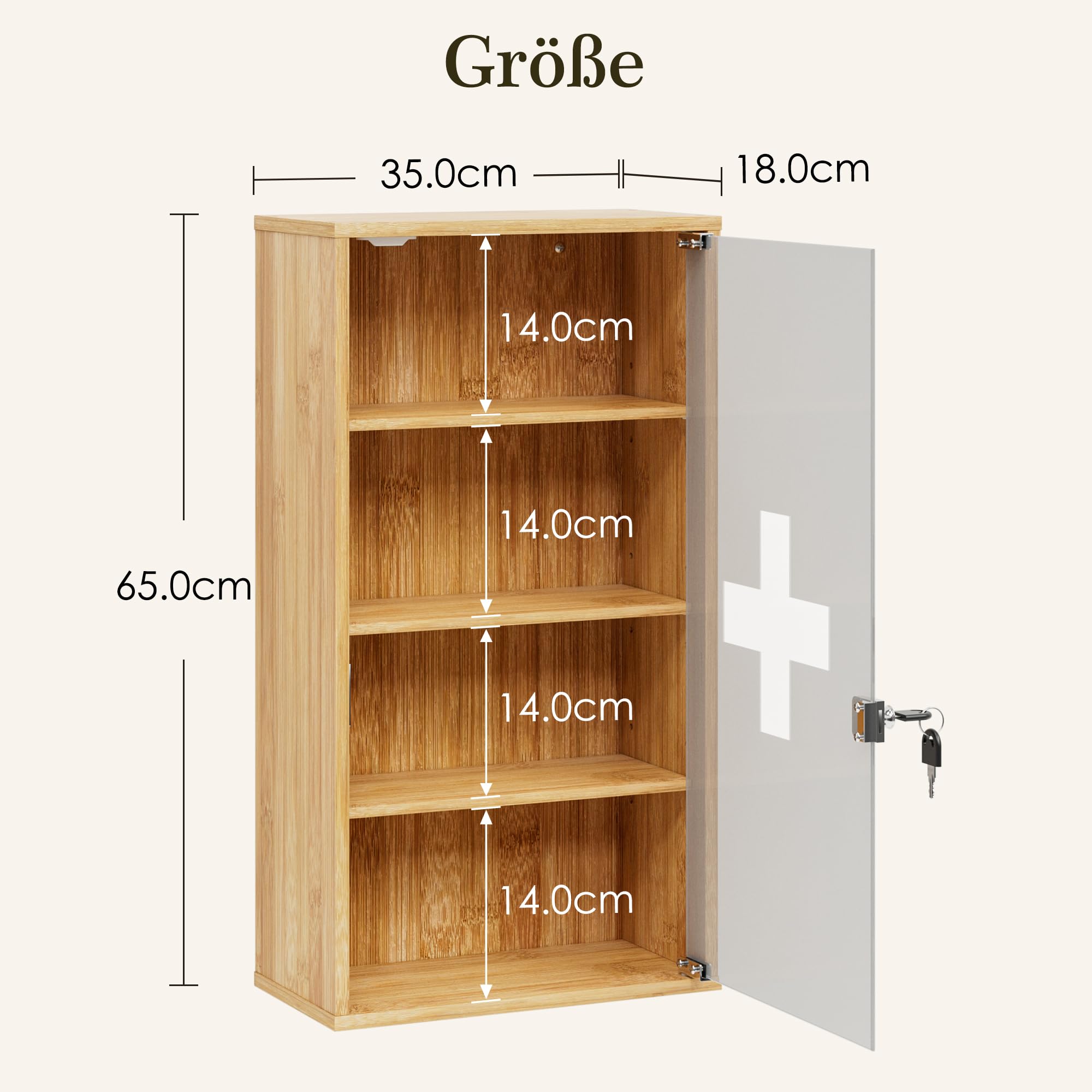 HEYZOEY Armoire à pharmacie en bambou verrouillable à fixer au mur avec 4 compartiments, pharmacie domestique pour salle de bain, 65 x 35 x 18 cm, grande armoire à pharmacie pour un usage domestique