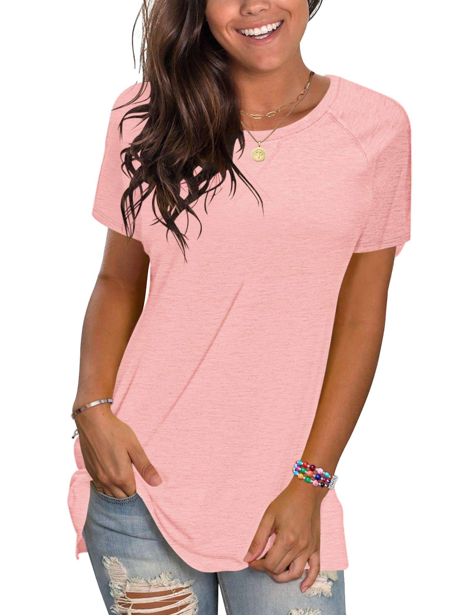 WNEEDU 2025 Womens Summer T Shirts Loose Fit Short Sleeve Tops Crewneck Casual Tops Trendy Tee Blouse