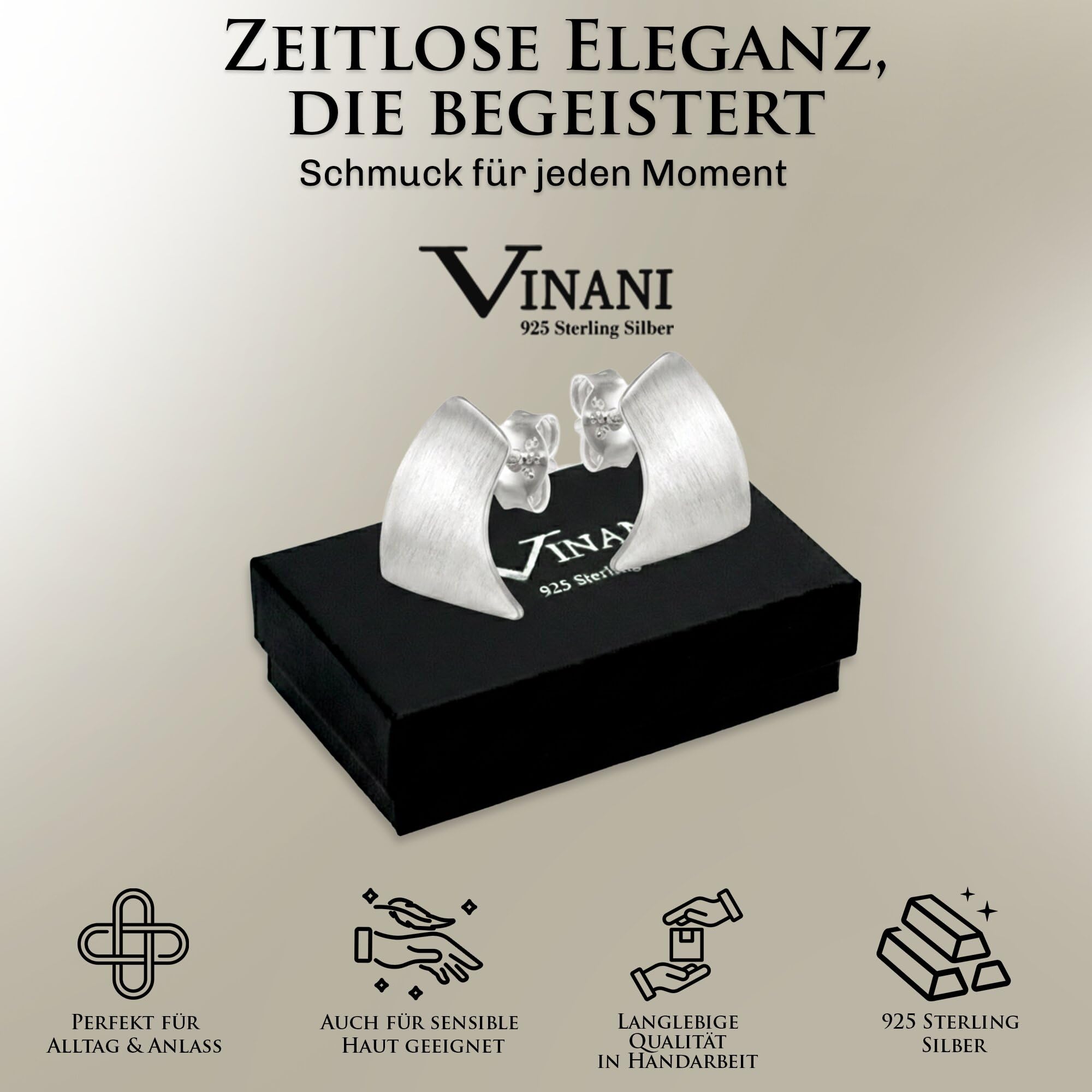 Vinani Damen Ohrstecker 925 Silber - Rechteck geschwungen mattiert - Ohrring Set aus 925 Sterling Silber für Frauen - OACM