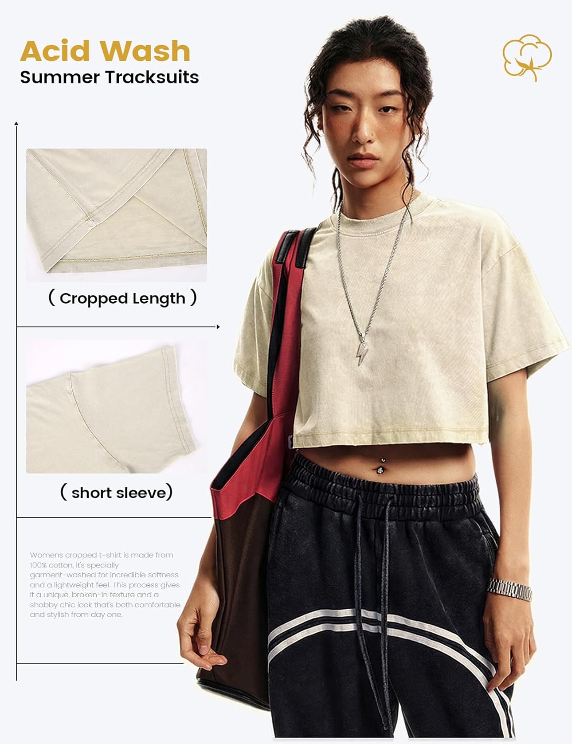 Yimoon Cropped T Shirts for Women Vintage Acid Wash Tees Short Sleeve Cotton Crop Top - Image 4