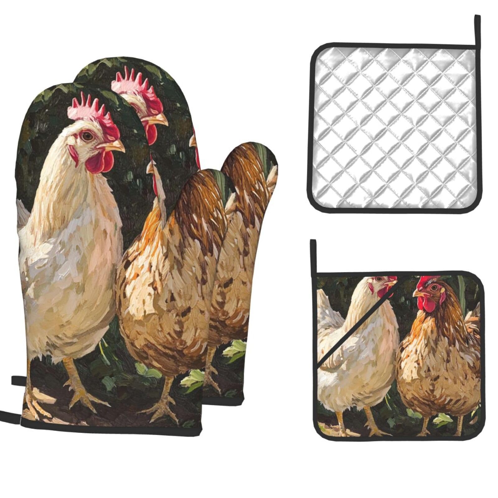 Oven Mitts and Pot Holders Sets of 4 Heat Resistant Oven Gloves Hot Pads Farm Chickens Non-Slip Kitchen Mitts Potholders for Cooking Baking BBQ Grilling