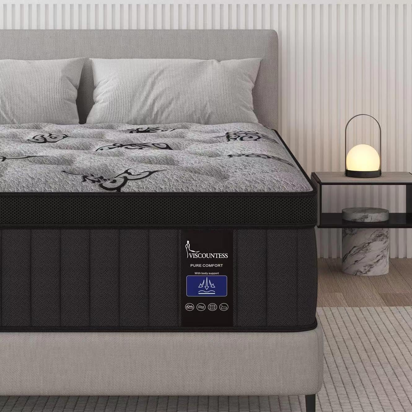 queen mattress, 12 inch hybrid mattresses bed in a box with gel memory foam & pocket spring, euro top, medium firm for back support & pressure relief, motion isolation, grey