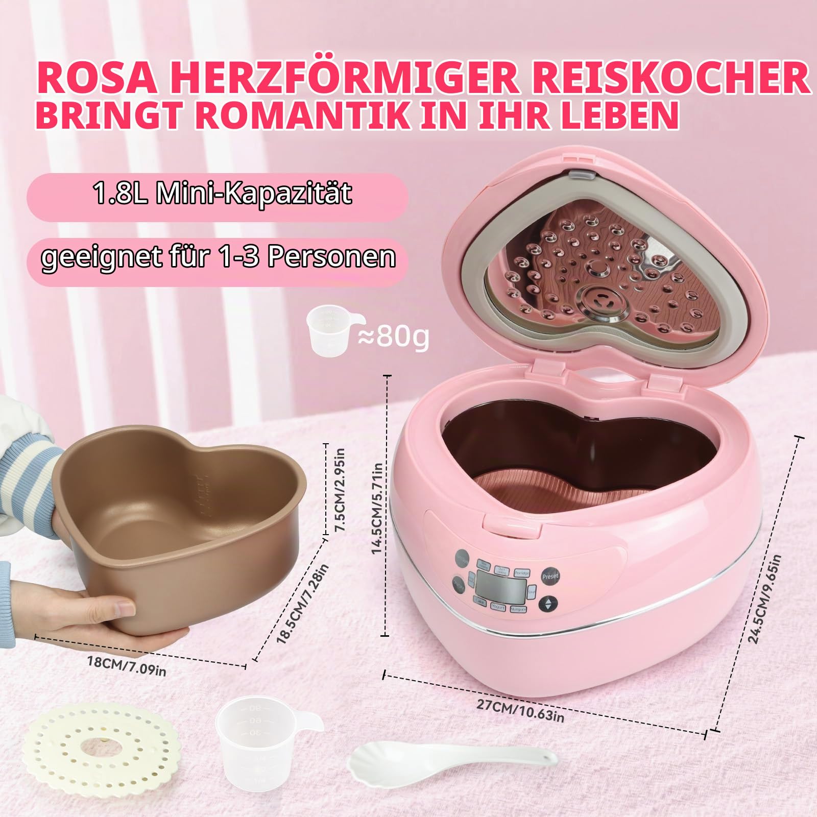 Pfirsichförmiger Reiskocher, 6-in-1-Reiskocher in Rosa, smarter, niedlicher Reiskocher mit Antihaftbeschichtung, voreingestelltem Timer und automatischer Warmhaltefunktion, ideal als Geschenk, 1,8 l