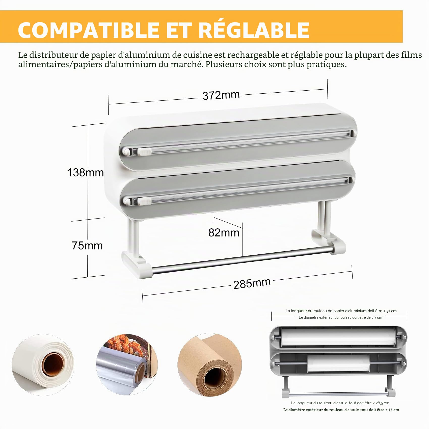 Distributeur Papier Aluminium et Film avec Port Essuie Tout - Magnétique et Murale sans Percer, Derouleur Film Alimentaire avec Coupeur pour Cuisine Organisée, Support Sopalin 3-en-1, Gris