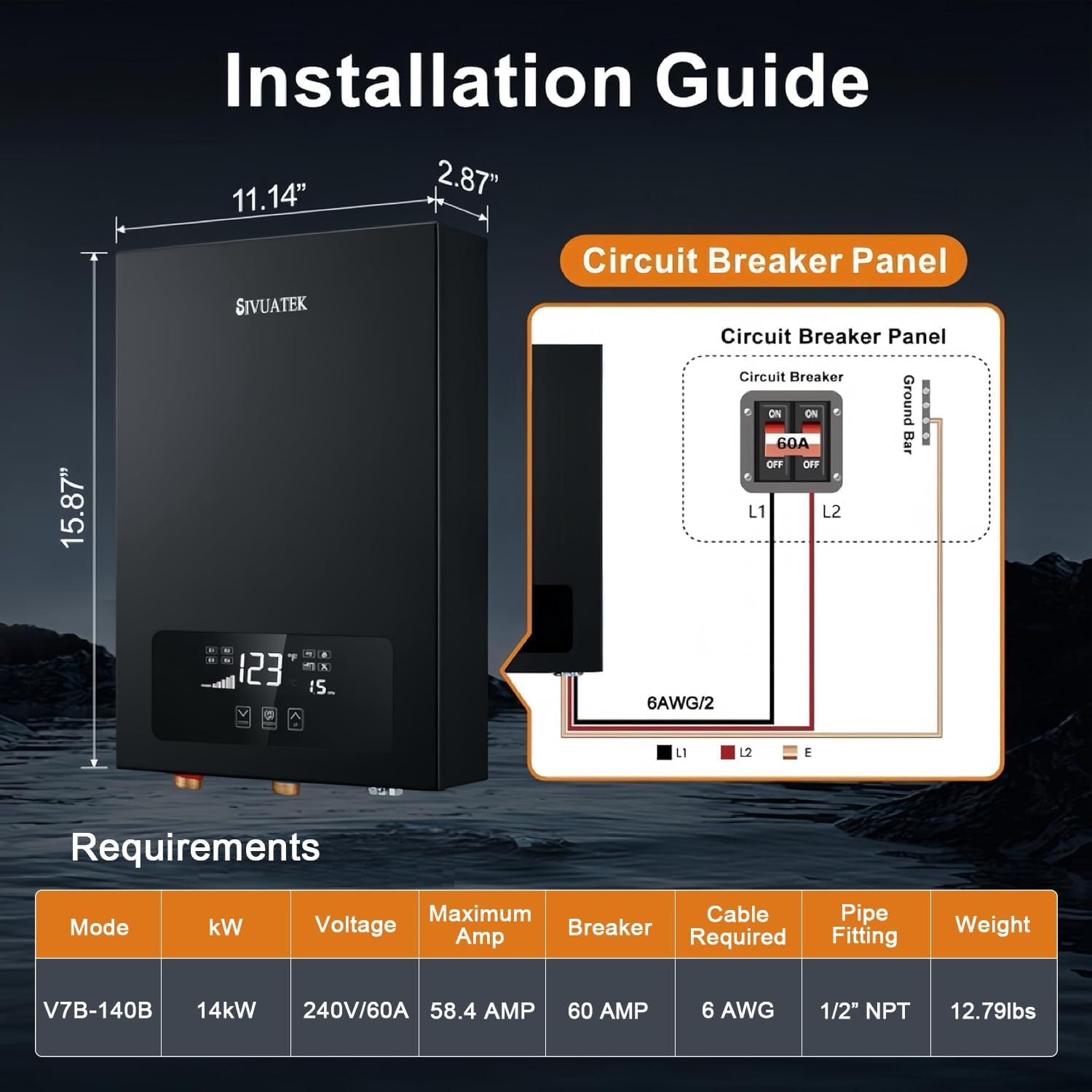 scaldabagno elettrico senza serbatoio su richiesta, scaldabagno elettrico intelligente punto di utilizzo, scaldabagno istantaneo 14 kW 240 V per doccia V7B-140B