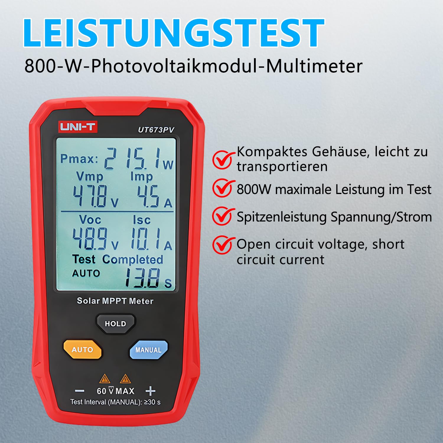 Solarpanel Tester 800W MPPT Leistungsmesser mit LCD-Display Photovoltaik