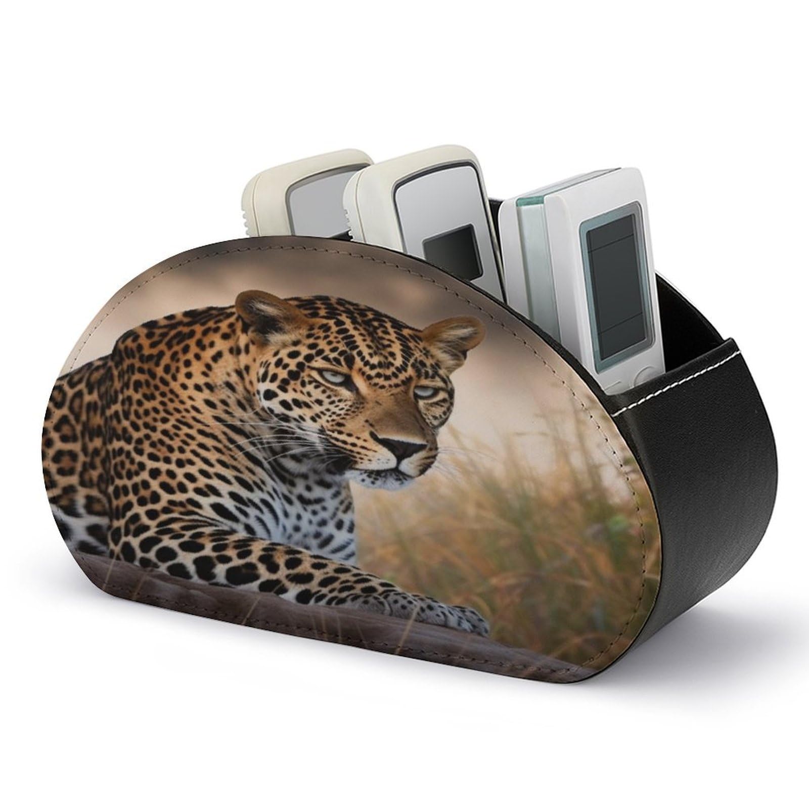 VstaDank African Animal Leopard Remote Control Holder with 5 Compartments PU Leather Remote Caddy Desktop Organizer Store TV Remote Control Storage Box for Home Office Desk Nightstand