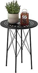 Outsunny 15.7" Round Garden Table with Floral Cut-Out, Steel Balcony Side Bistro Coffee Table, Outdoor Furniture with Adjustable Feet for Patio Garden, Black