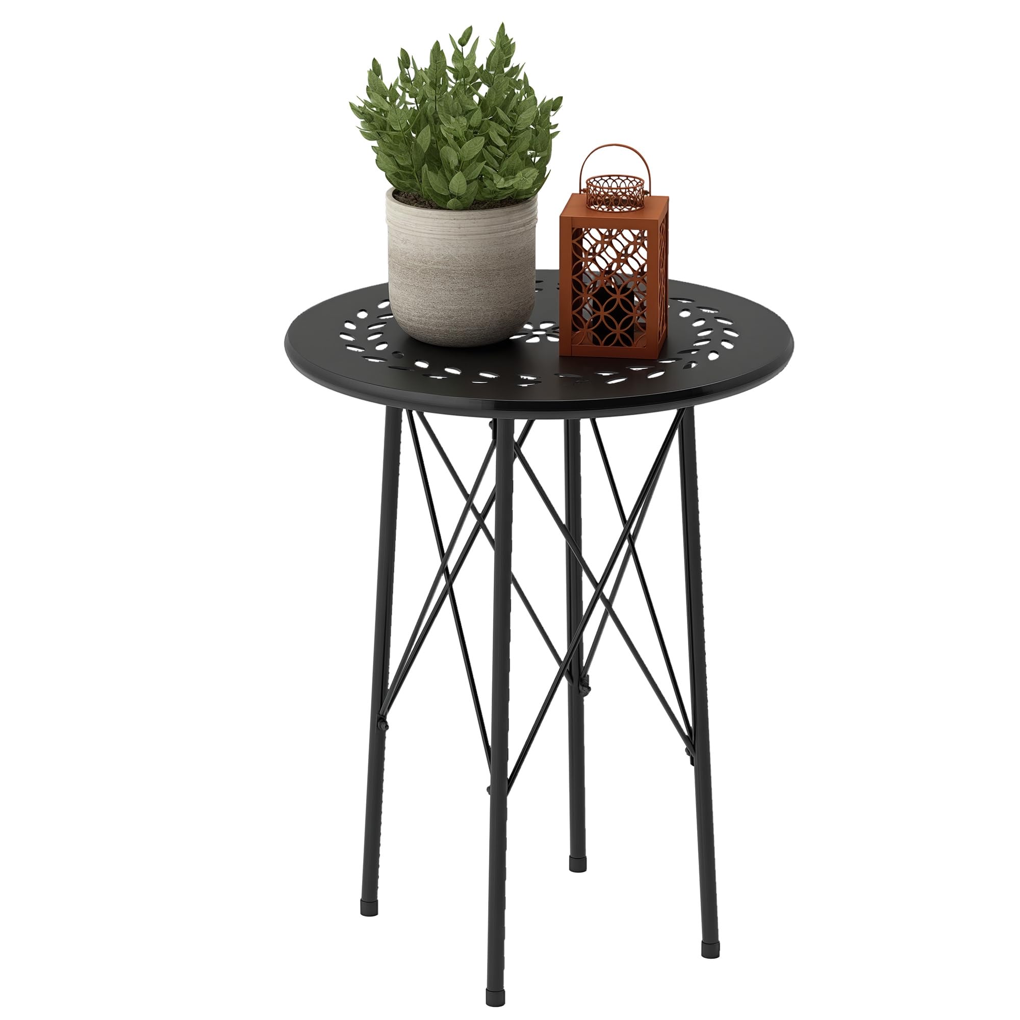 Outsunny 15.7" Round Garden Table with Floral Cut-Out, Steel Balcony Side Bistro Coffee Table, Outdoor Furniture with Adjustable Feet for Patio Garden, Black