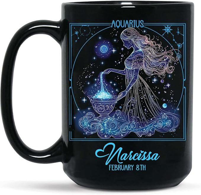 Personalized Aquarius Astrology Coffee Mug 11oz 15oz, Custom Name & Date Horoscope Black Cup, Aquarius Zodiac Ceramic Mug, Gifts for Him Her, Constellation Cup