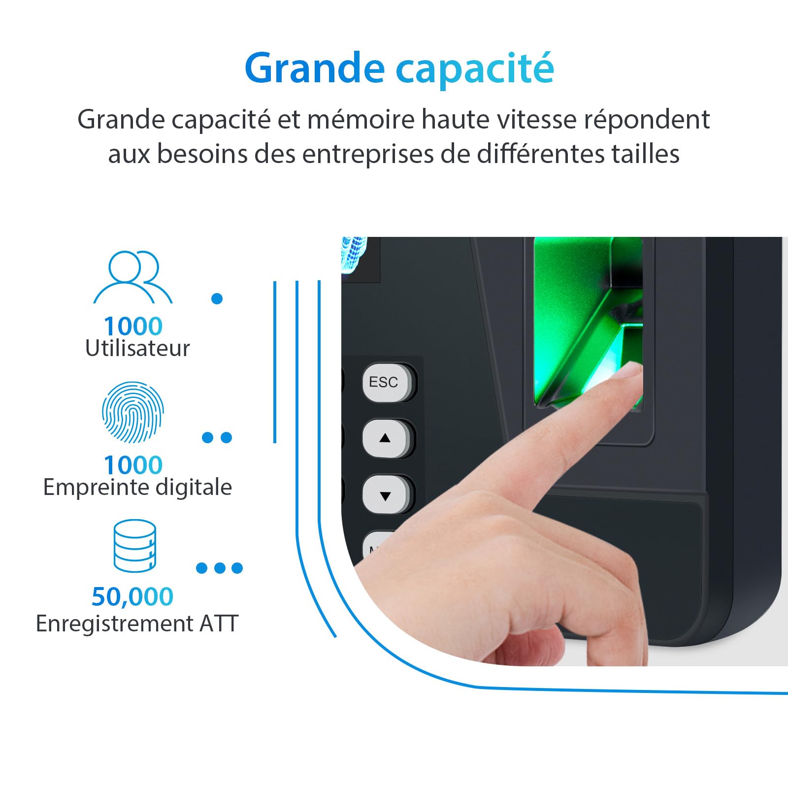 NGTeco Pointeuse Horaire Personnel pour Les organisations de Moins de 1000 employés, avec calcul Automatique, Horloge biométrique à Empreintes digitales AS10 avec USB 8 GB (Français)