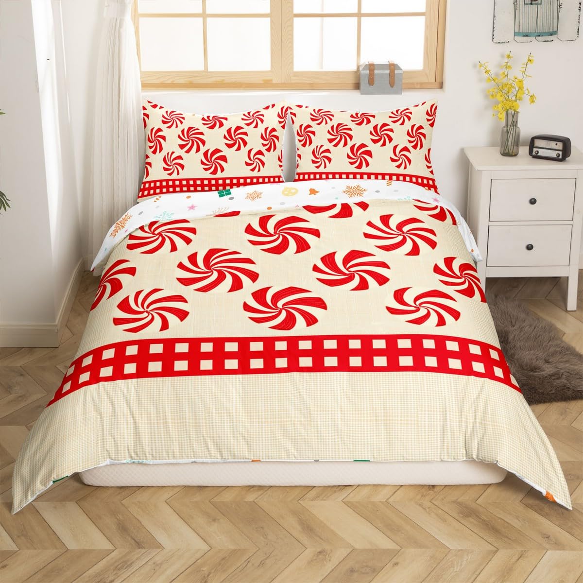 Homemissing Merry Christmas Bedding Set Super King Size Christma Candy Cane Duvet Cover Set for Kids Boys Girls Bedroom Bed Decor Xmas Christmas Comforter Cover Christmas Quilt Cover,No Comforter