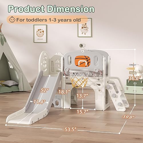 Miniatura 6 de BIERUM Juego de toboganes 9 en 1 para niños pequeños, tobogán para bebés de 1 a 3 años con lanzamiento de anillos y aro de baloncesto, juego para