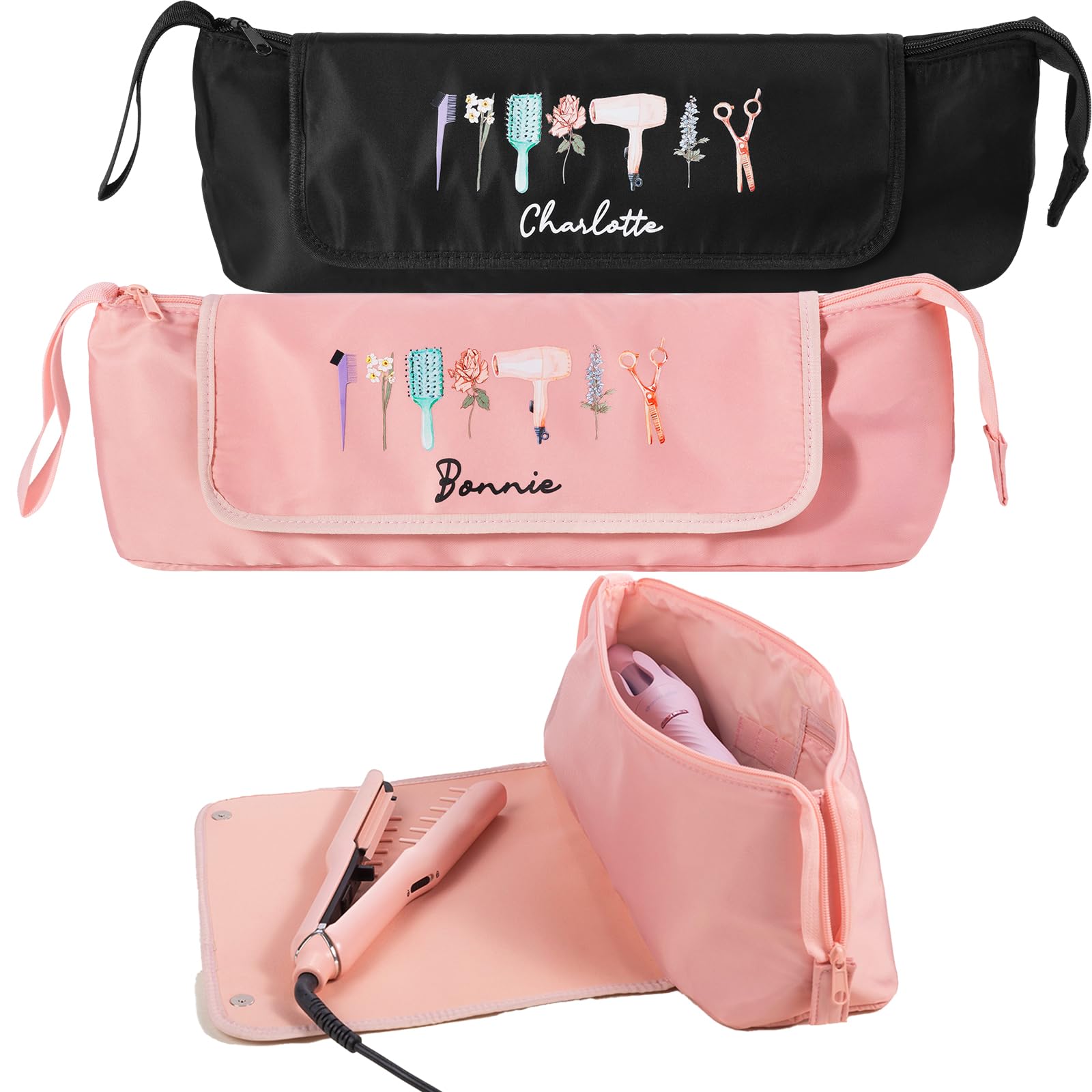 CALLIE Personalized Birth Flower Hair Tools Travel Bag with Heat Resistant Mat for Flat Iron - Custom Birth Flower and Name on the Curling Iron Bag -