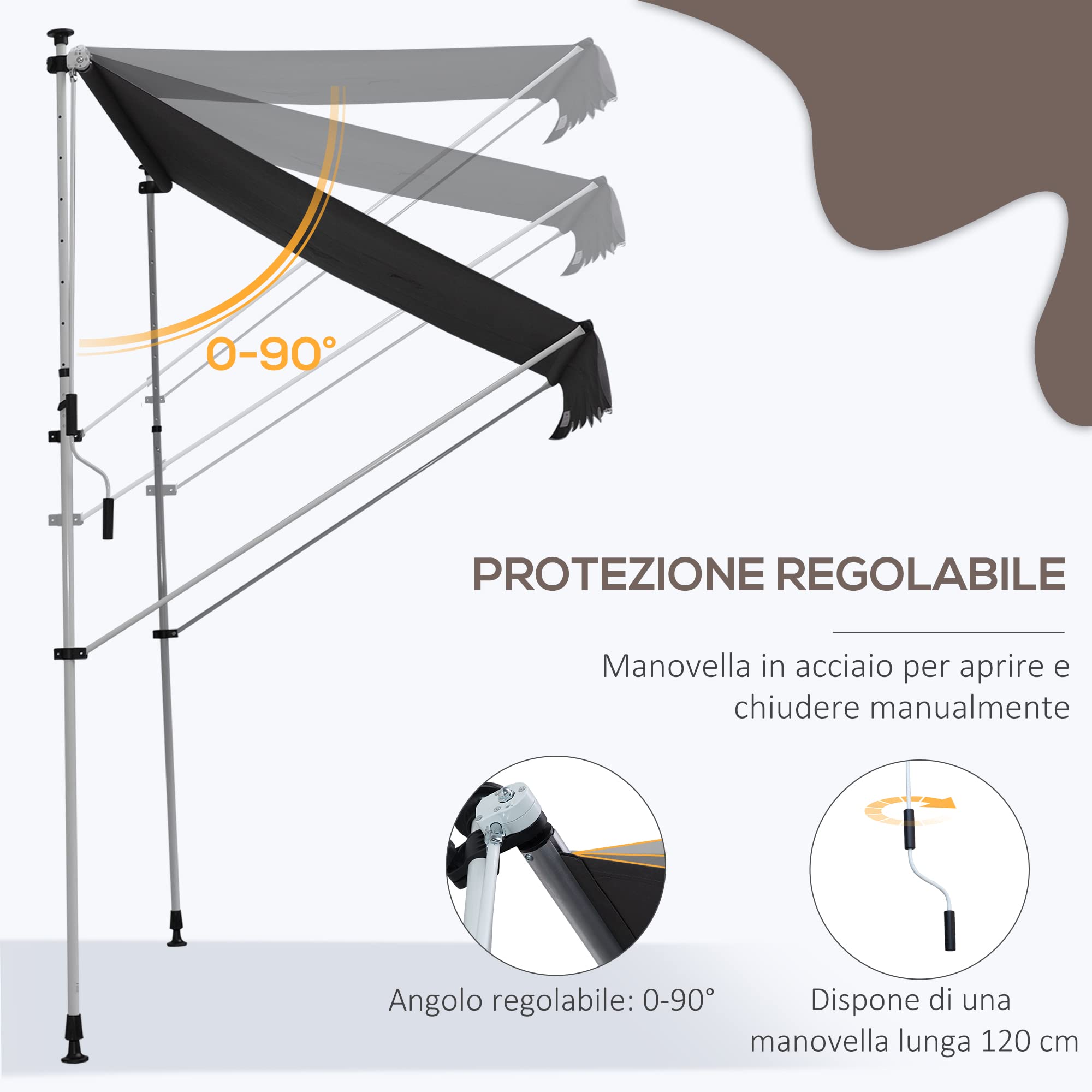 Outsunny Tenda da Sole per Esterno 2x1.5 m per Esterno a Rullo con Manovella, Telaio Telescopico e Angolazione Regolabile, Grigio