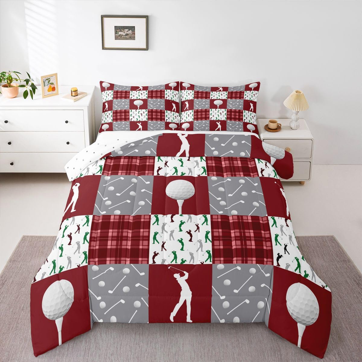 Feelyou Golf Comforter Set Queen Size Red Plaid Buffalo Check Geometric Bedding Set for Kids Boys Girls Sports Theme Duvet Quilt Bedroom Decor Microfiber 3 Pcs with 2 Pillow Cases