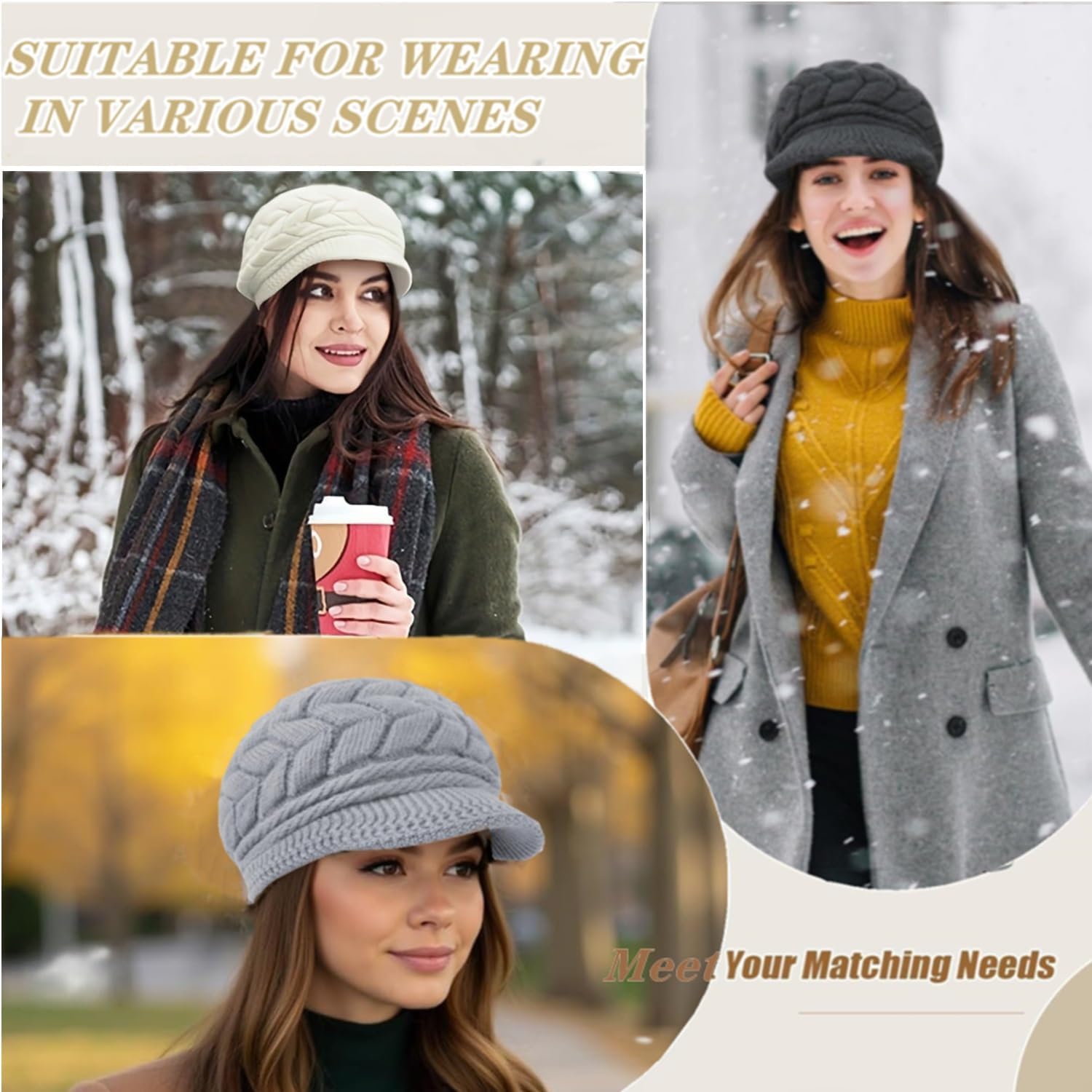 stablerice 4 Pack Womens Winter Beanie Hats Thick Warm Knit Hat with Visor Brim Wool Snow Ski Caps Chunky Soft Slouchy Cap - Image 5