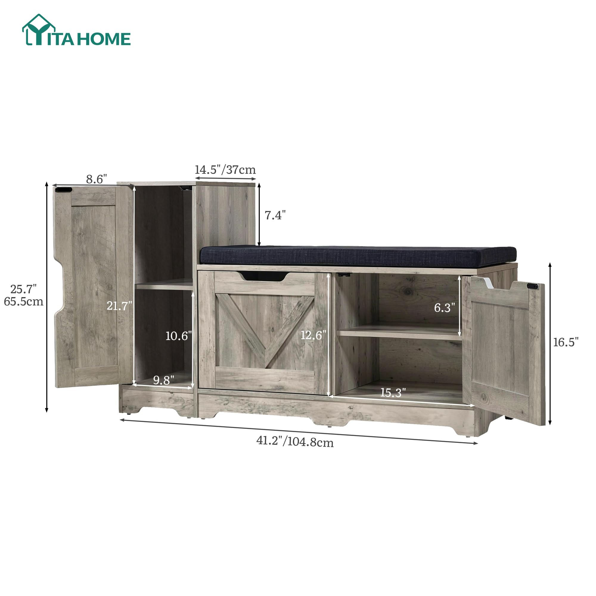 YITAHOME Banc à Chaussures, Meuble Chaussure Banc avec Siège Rembourré et Coussin, Double Porte Ouverte Rangement Chaussure avec Armoires Latérales, Meuble d'Entrée, 105 x 37 x 65.5cm, Gris