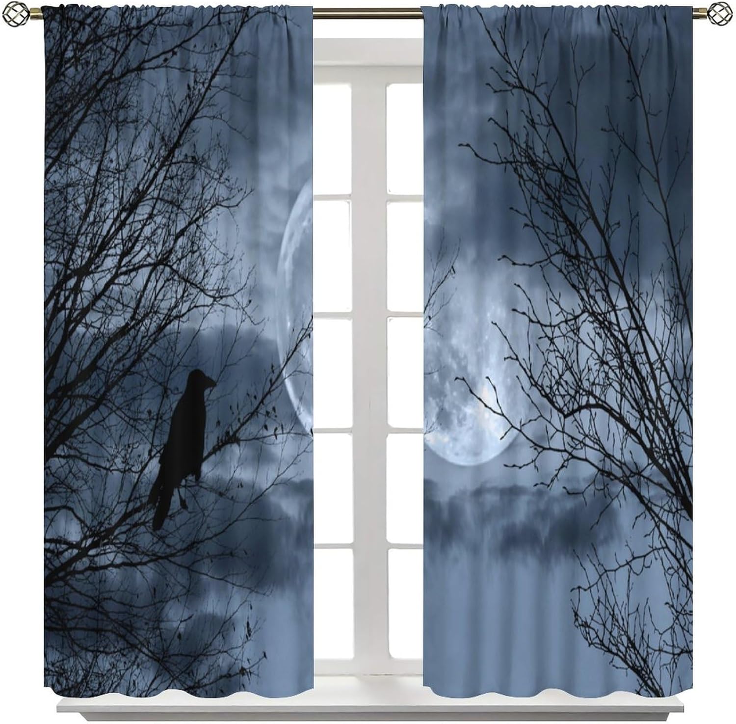 Gothic Forest Curtains,Fogyy Night Silhouette Birds Black Crow Moonlight Pattern Blackout Window Rod Pocket Drapes for Bedroom Living Room Kitchen 42x45 Inch