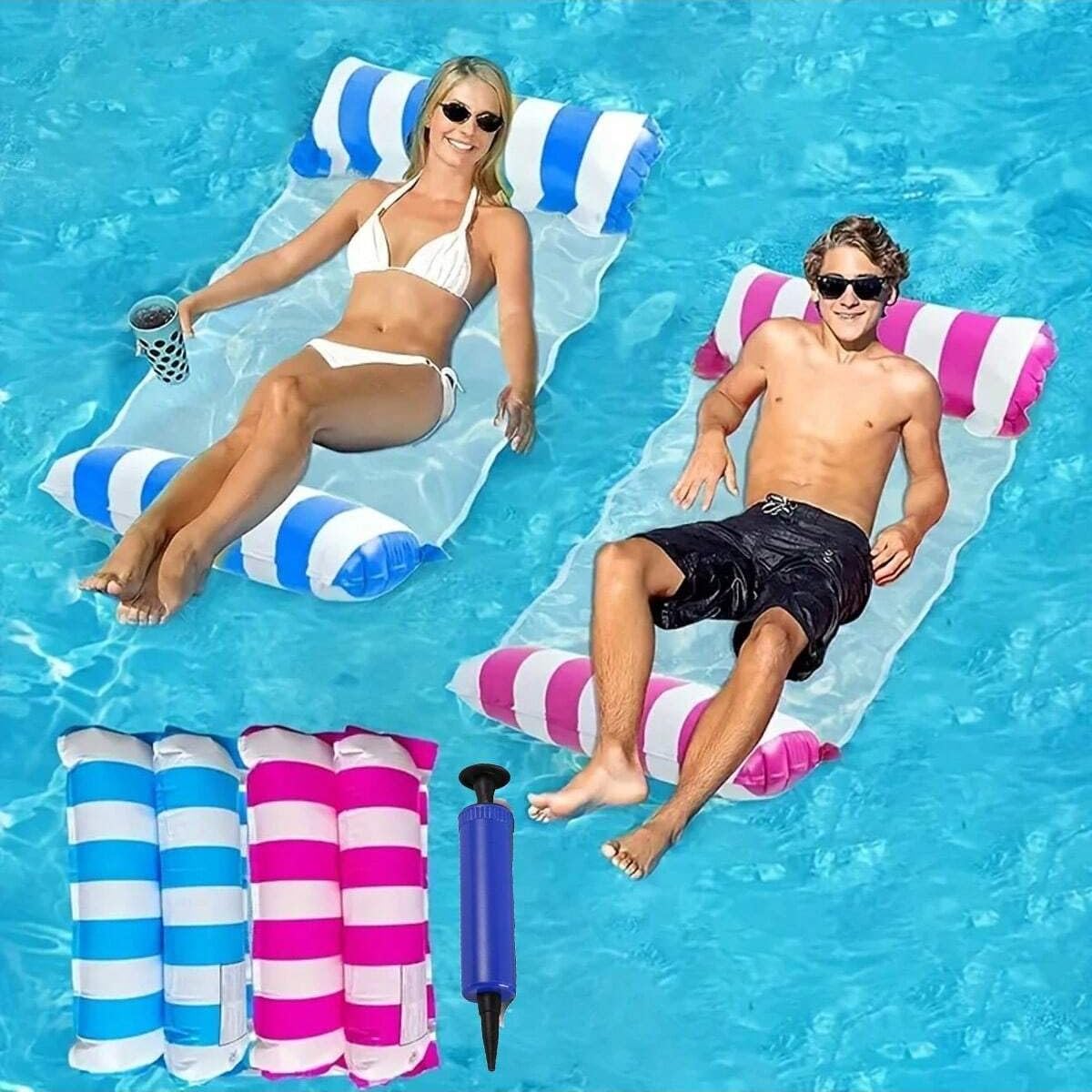 MEMOVAN Pool Float Water Hammock 2PCS Swimming Pool Floating Chair Lounger 4 in 1 Inflatable Hammock (Saddle, Lounge Chair, Hammock, Drifter) Water Sofa Swimming Hammocks Lounge for Adults Kids