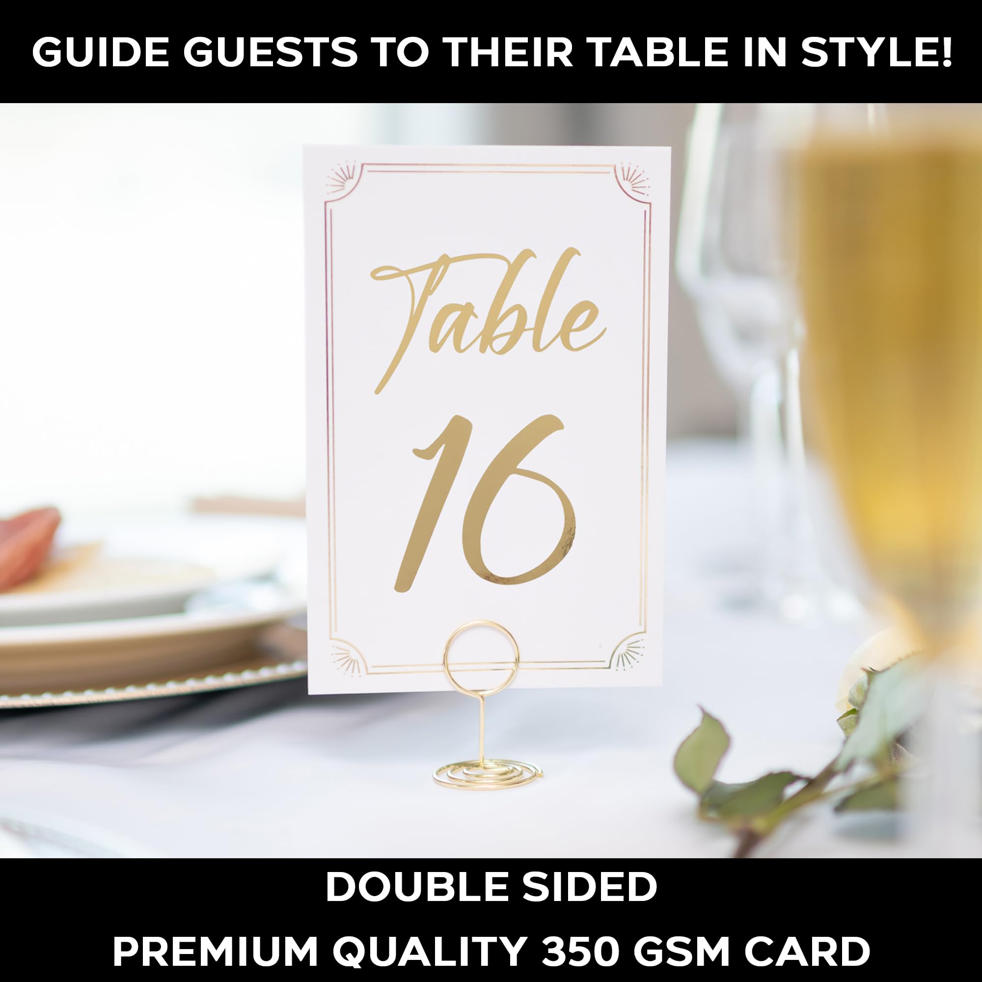 Números de mesa dorados del 1 al 30 con soporte para tarjetas de mesa y soportes para números de mesa, elegante letrero de asiento de 4 x 6 pulgadas con números altamente visibles para recepción de