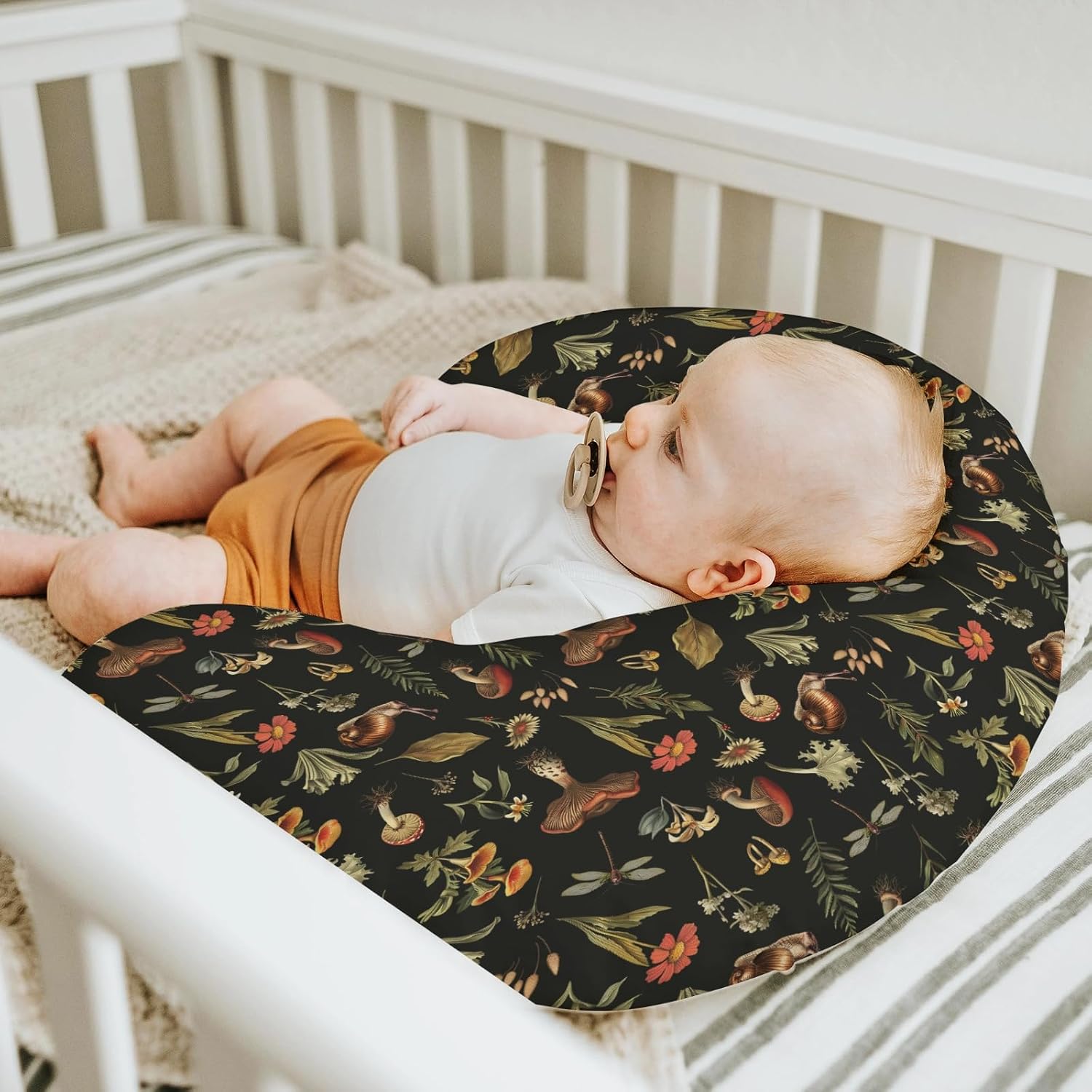Vintage Mushroom Life Baby Nursing Pillow Covers for Boy Girl Retro Mushroom Leaves Floral Nursery Pillowcase for Breastfeeding Pillows Plant Soft Stretchy Slipcovers for Newborn Infant