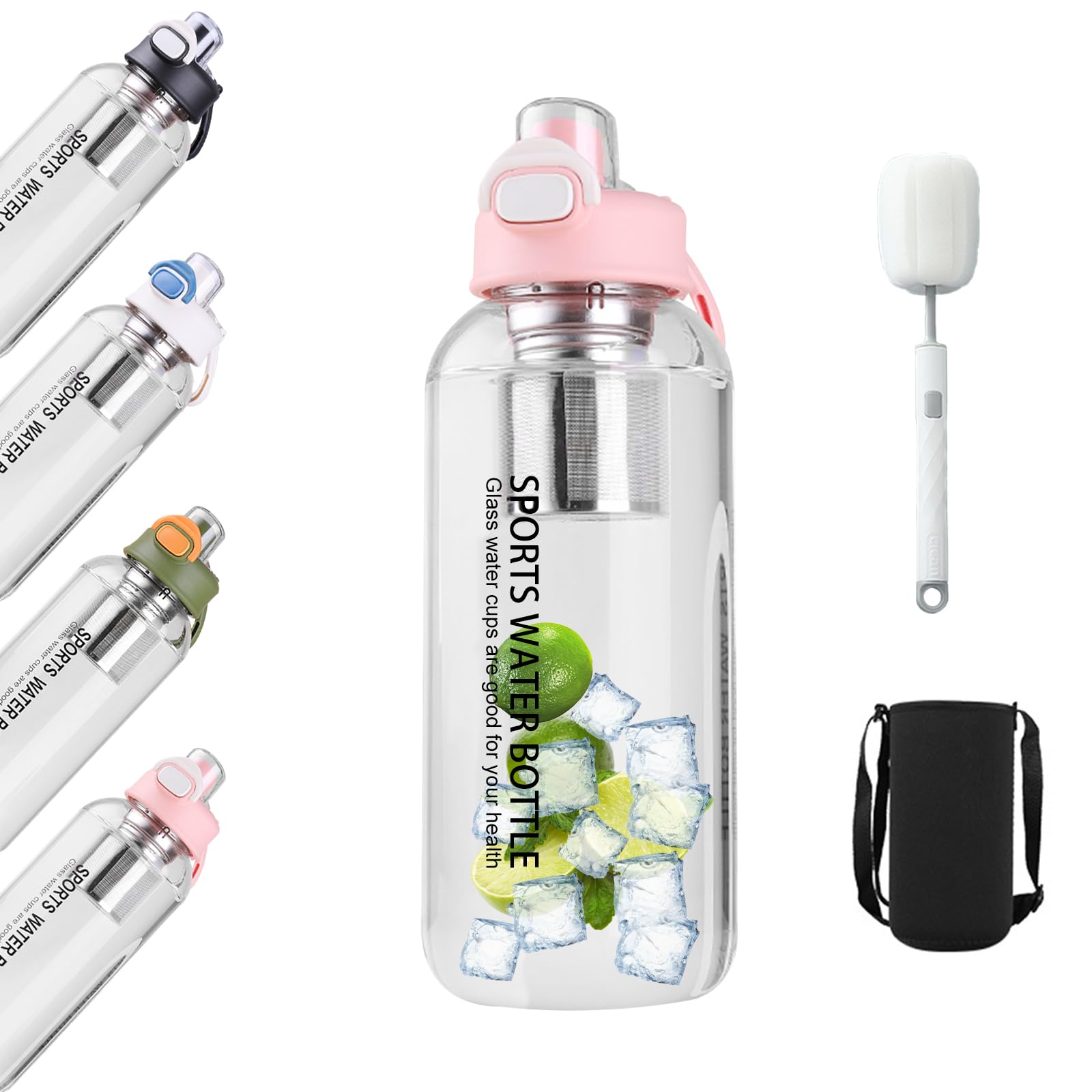 Trinkflasche/Glasflasche/1200ml mit Filter & Bürste,Transparent Borosilicate GlasWasserflasche, Auslaufsichere Sportflasche,für Fitness, Wandern, Camping, Schule & Büro，spülmaschinenfest (1200ml)