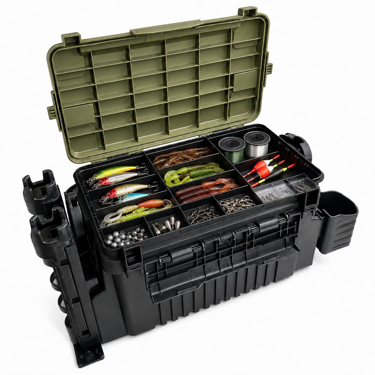 Caja de pesca grande de 11 L, de dos pisos, con dos soportes para cañas y portavasos, resistente a los golpes, de plástico para accesorios de pesca, caja de cebo