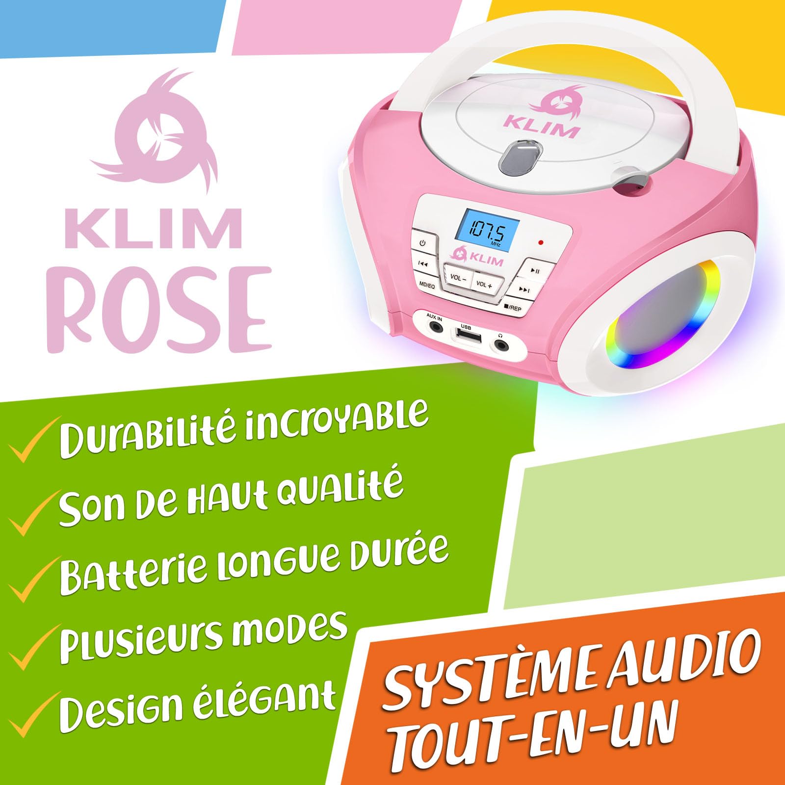 KLIM Candy Lecteur CD Enfant - Nouveauté - Radio FM - Piles incluses - Lecteur CD Radio Rose Mignon avec Haut-parleurs - Le Cadeau Parfait pour Les Enfants et Les Tout-Petits - Rose