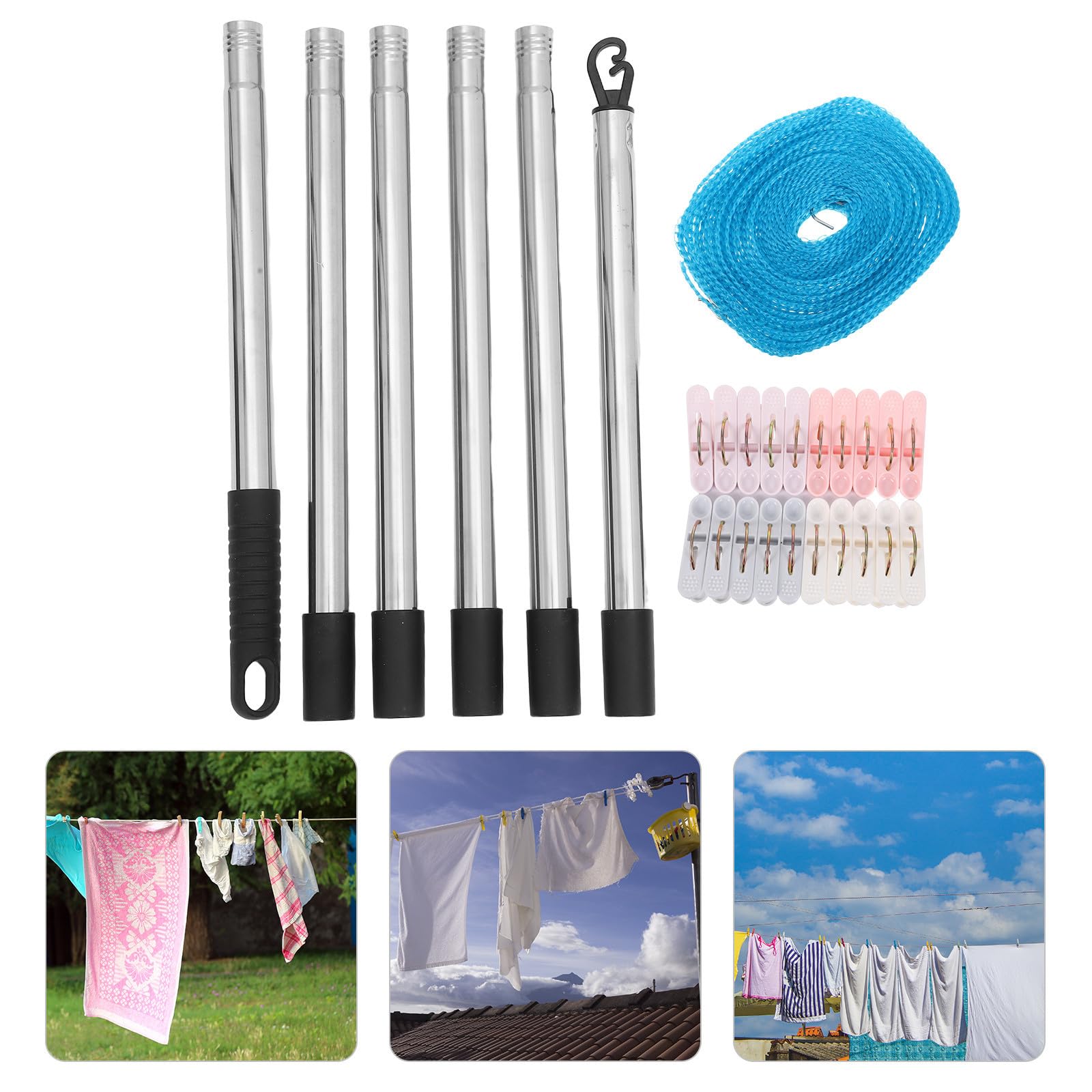 USHOBE Robuste Wäscheleine für Draußen mit Abnehmbarer 2,2m Stütze und Wetterbeständigen Klammern für Camping und Einfache Montage aus Stahl und Nylon