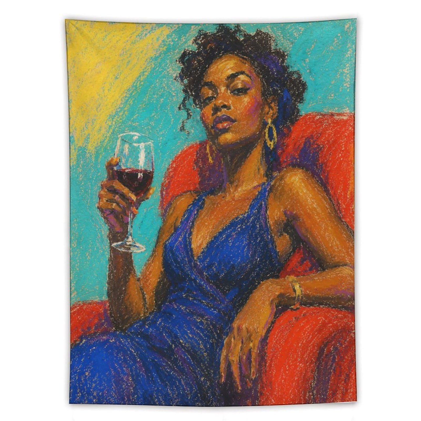 W7C8U2X3 Black Woman in Blue Dress Wall Tapestry, Reading Corner