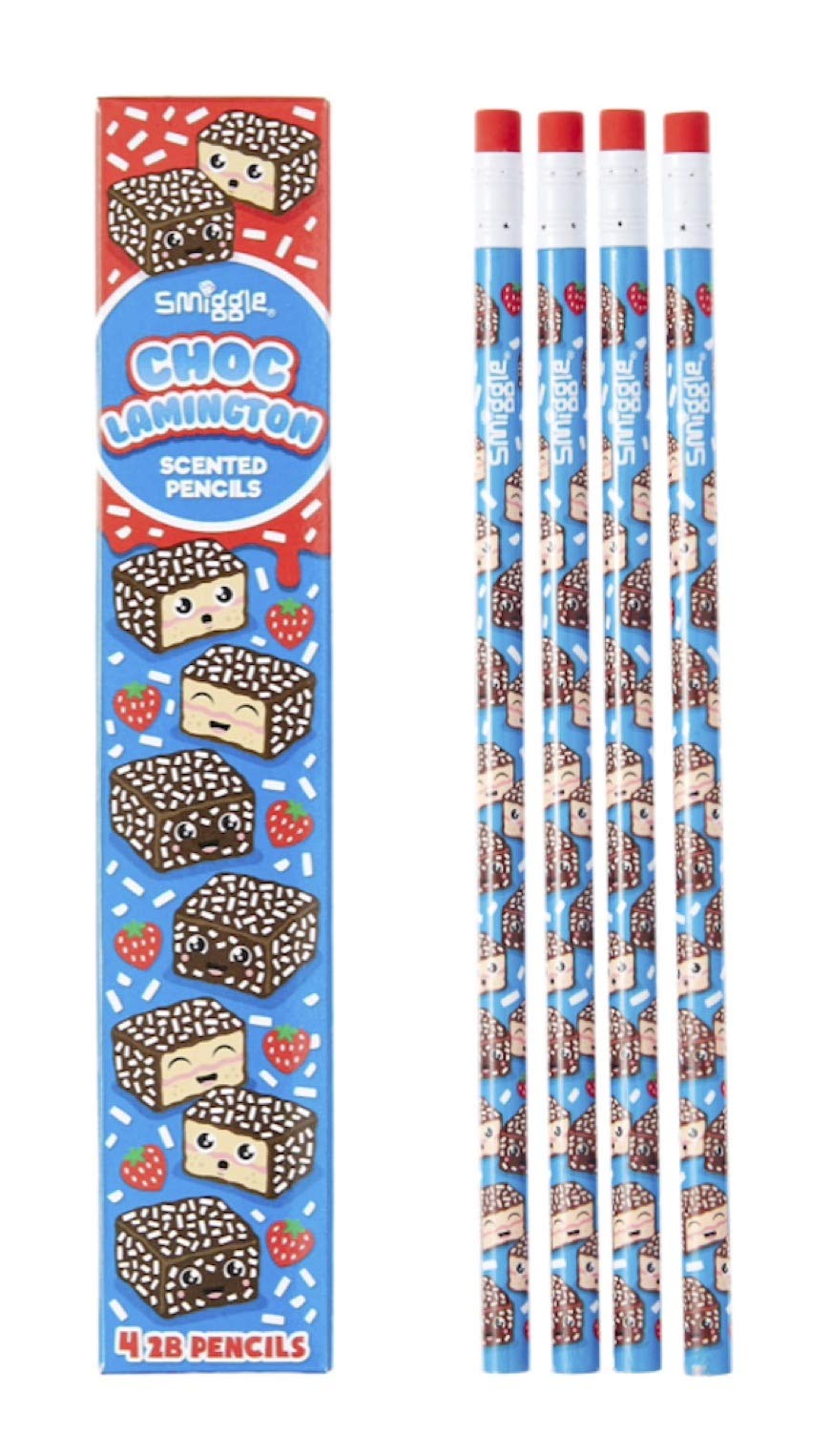 Smiggle Pencils x 4 Pack Scented Wooden With Eraser Top (Chocolate & Strawberry Lamington Cake)