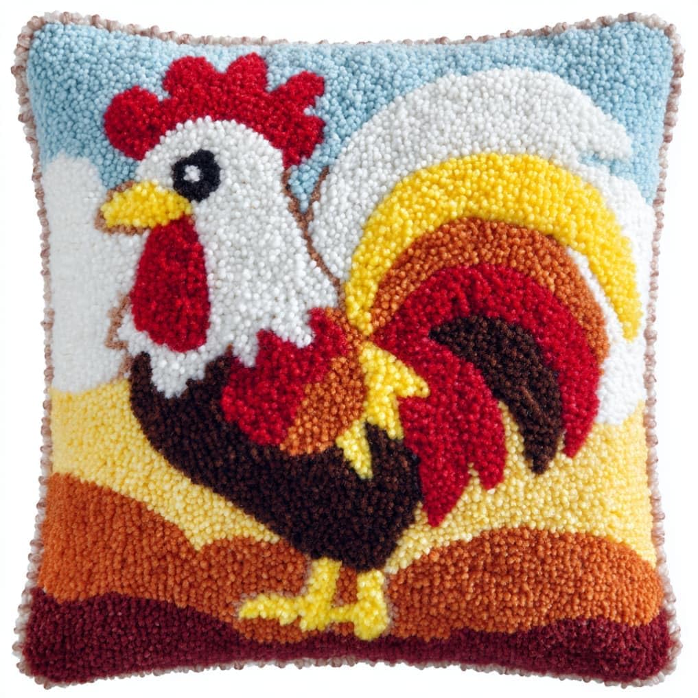 WallustrioaW DIY Latch Hook Pillow Kit,Rooster Pillowcase Kits Embroidery Kits 17X17 Inch DIY Needlework Pillow Cover Sofa Cushion Rug Making
